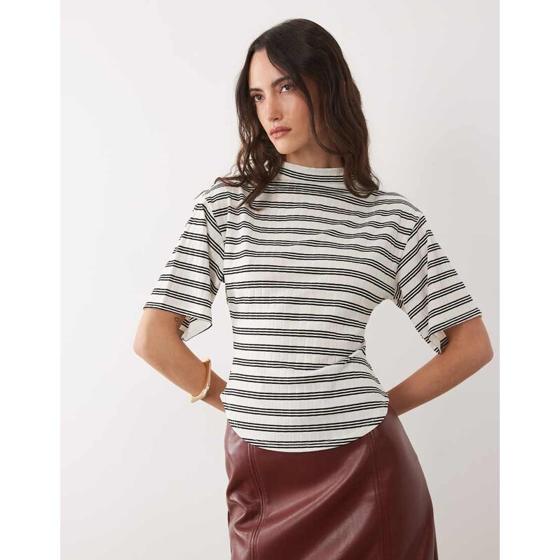 ASOS DESIGN short sleeve with high neck top in wide stripe-Multi