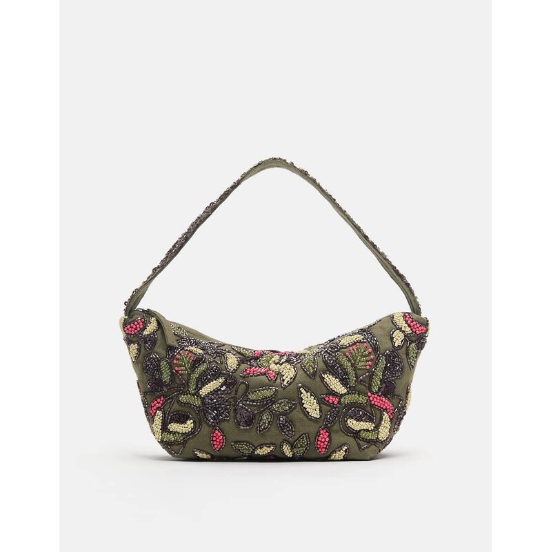 Pull&Bear Beaded canvas shoulder bag in khaki-Multi 114833735