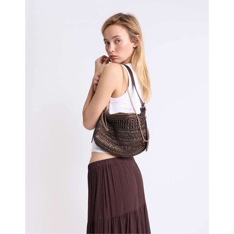 Stradivarius Mini crochet shoulder bag in brown