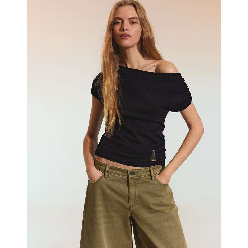 Bershka Asymmetric belted jumper in black 114833761