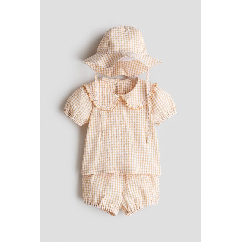 H&M - Trojdílná bavlněná souprava - Tlumená Žlutá/Kostka