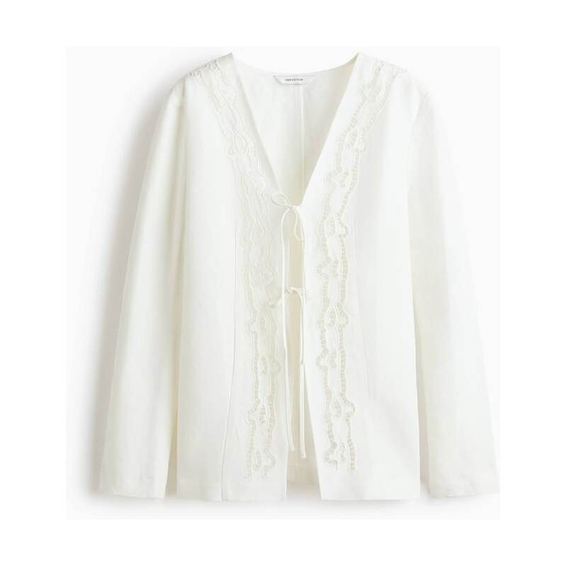 H&M - Tie-front linen-blend blazer - bílá 114835327