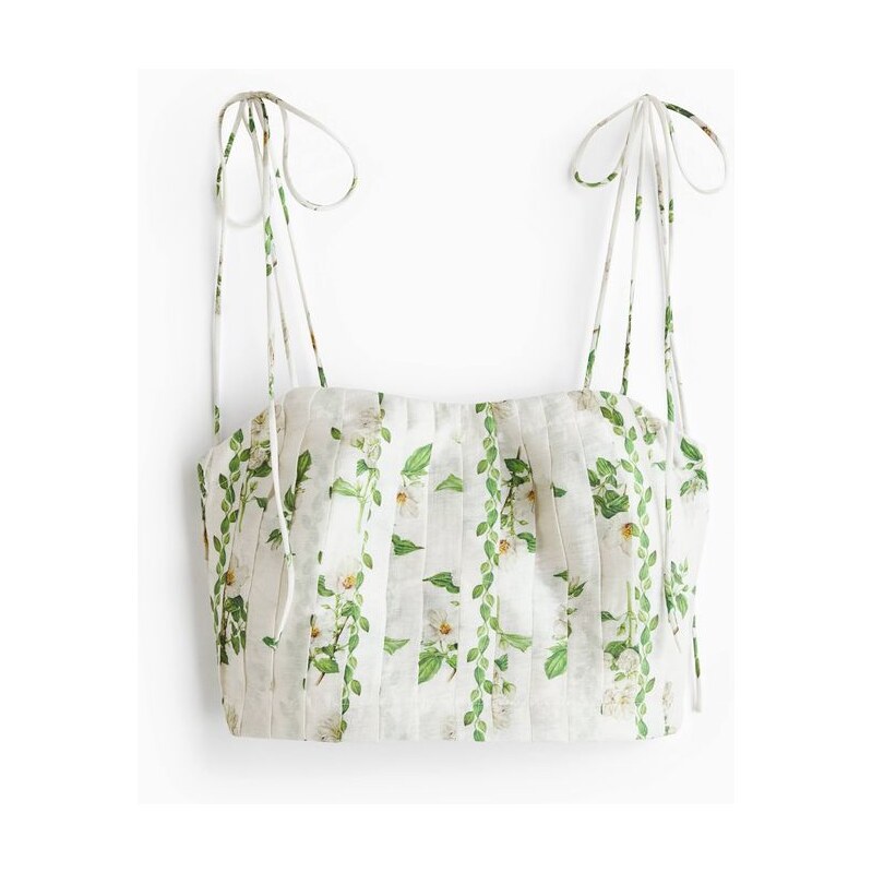 H&M - Skládaný croptop z lněné směsi - bílá 114835343