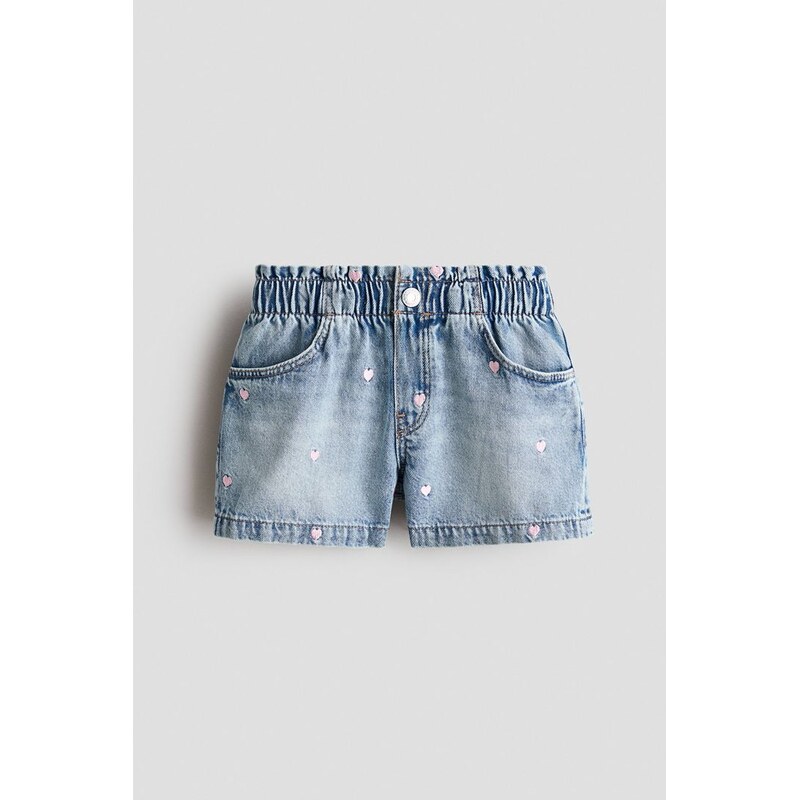 H&M - Vyšívané džínové šortky - Světlý Denim Blue/Srdíčka