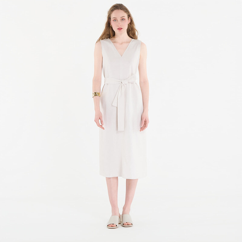 Šaty Calvin Klein Linen V Neck Sleeveless Dress White Sand L
