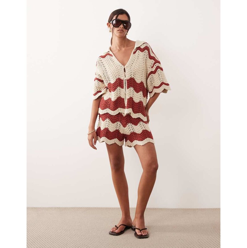 ARRANGE stripe crochet shorts co-ord in rust and beige-Red