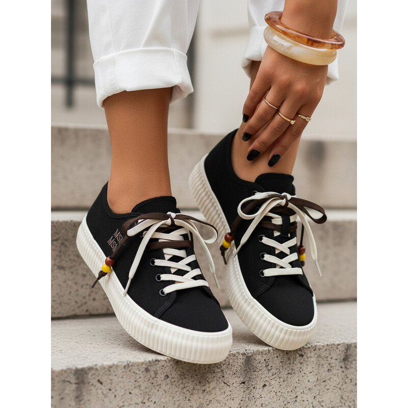 BASIC Dámské sneakersy typu tenisky s ozdobnými korálky černé Černá 114836504