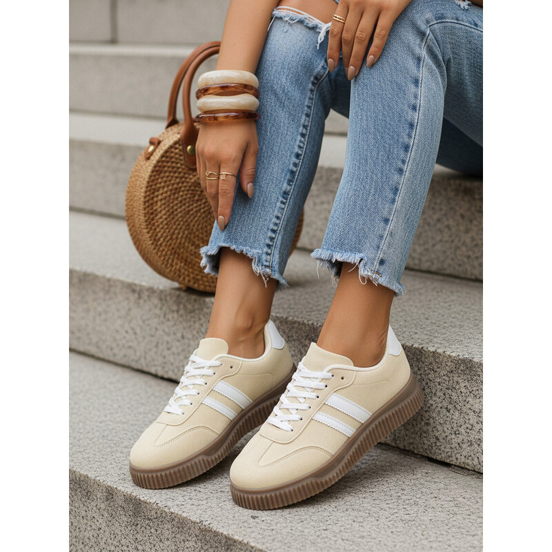 BASIC Dámské sneakersy na silné podrážce s pásky po stranách žluté 114836513