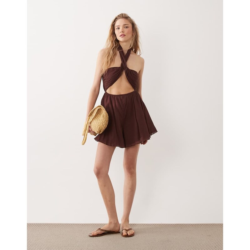 Miss Selfridge beach tie front cheesecloth playsuit in chocolate-Brown 114837973