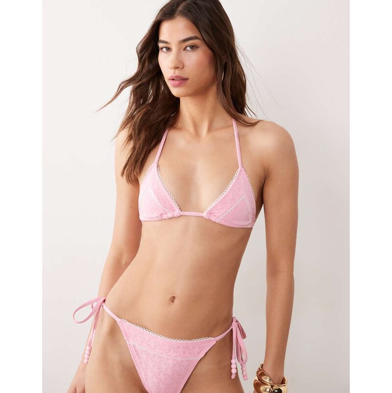 Miss Selfridge pointelle lace trim triangle bikini top in pink