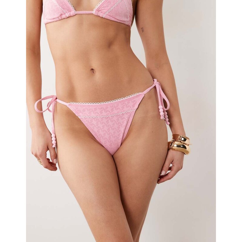 Miss Selfridge pointelle lace trim tie side bikini bottom in
