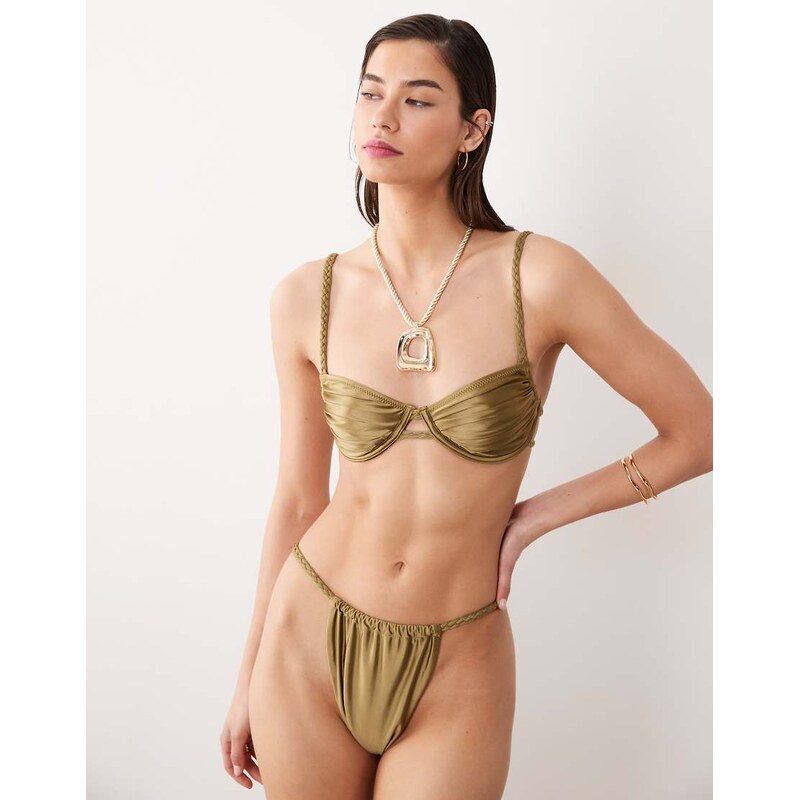 Miss Selfridge braided ruched cup satin bikini top in olive