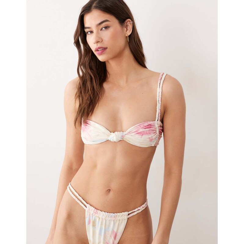 Miss Selfridge knot braided strap bikini top in pastel floral