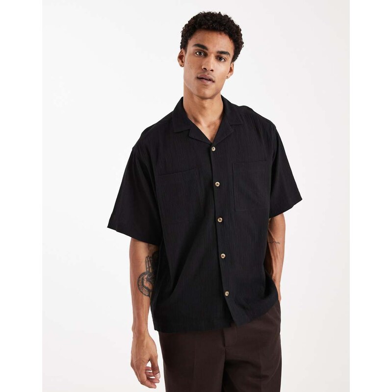 ASOS DESIGN oversized revere crinkle texture shirt in black