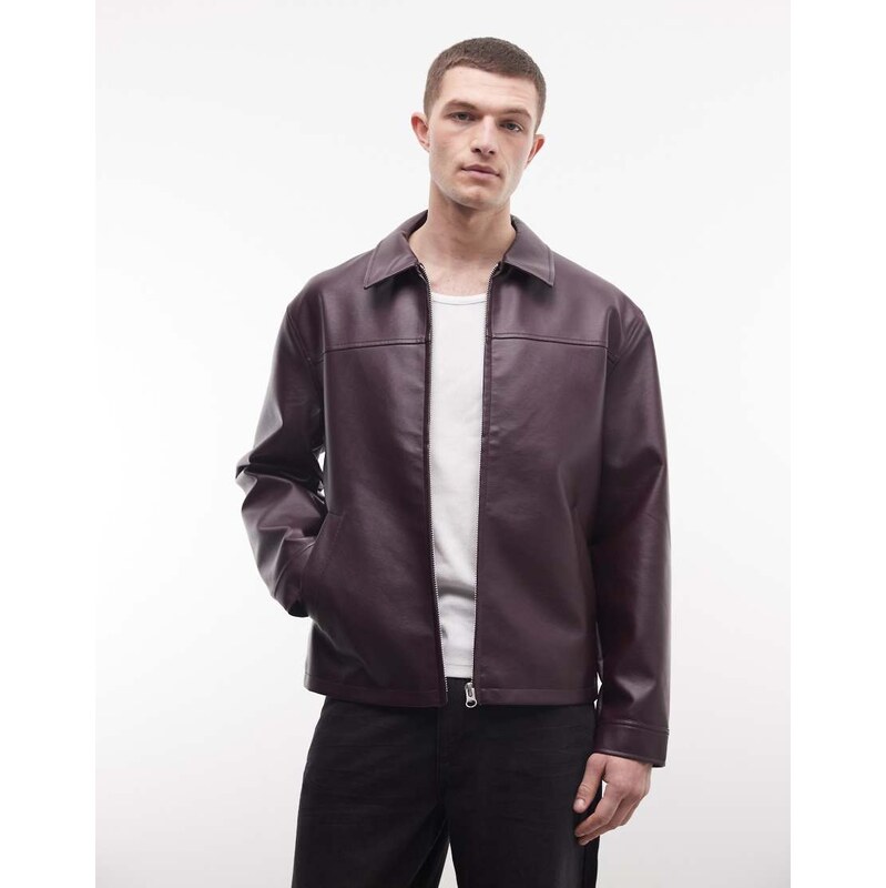 ASOS DESIGN faux leather harrington jacket in burgundy-Red