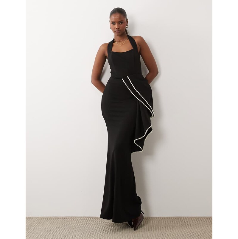 ASOS DESIGN Premium crepe halter maxi dress with pearl embellished oversized bow in black