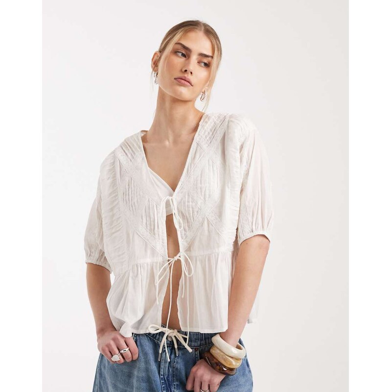 ASOS DESIGN tie front lace insert blouse in white