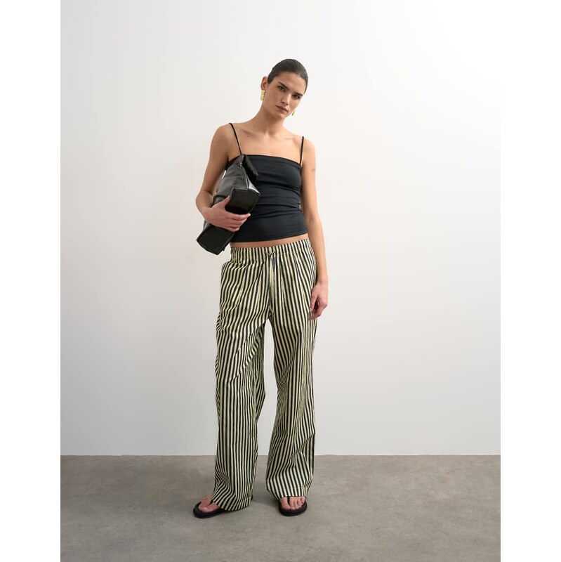 Topshop poplin stripe wide leg pull on trouser in navy stripe-No