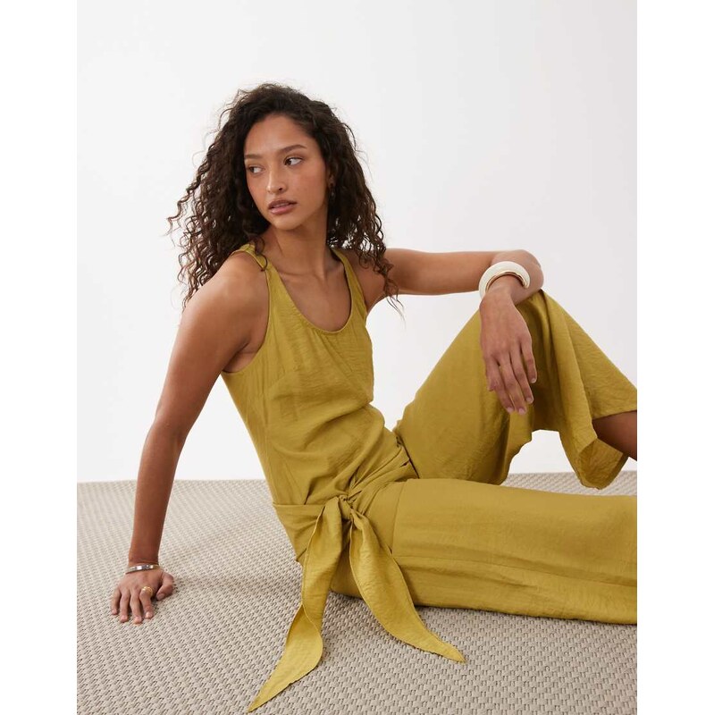 ASOS DESIGN satin crinkle jumpsuit with scarf waist detail in