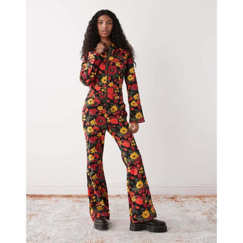 Wrangler retro denim jumpsuit in red and yellow floral print-Multi