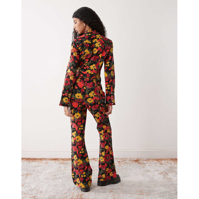 Wrangler retro denim jumpsuit in red and yellow floral print-Multi