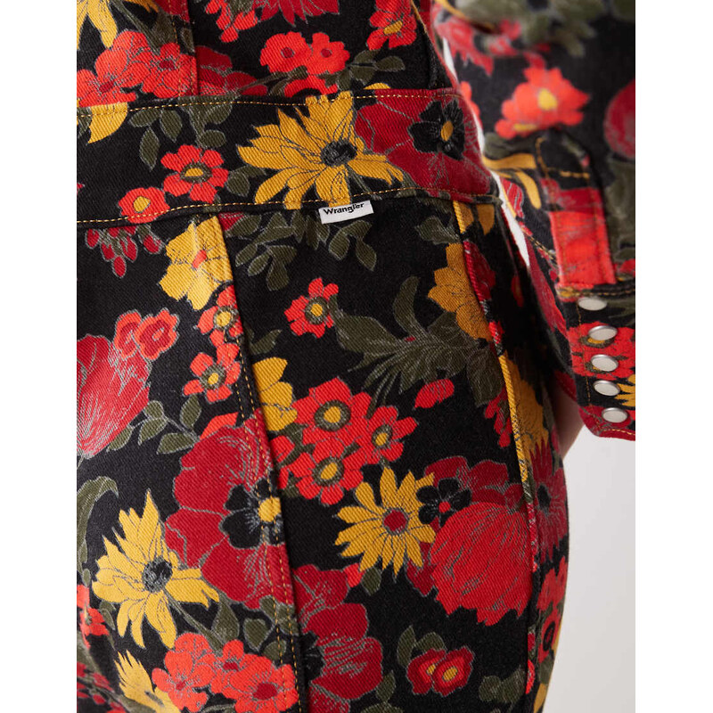 Wrangler retro denim jumpsuit in red and yellow floral print-Multi
