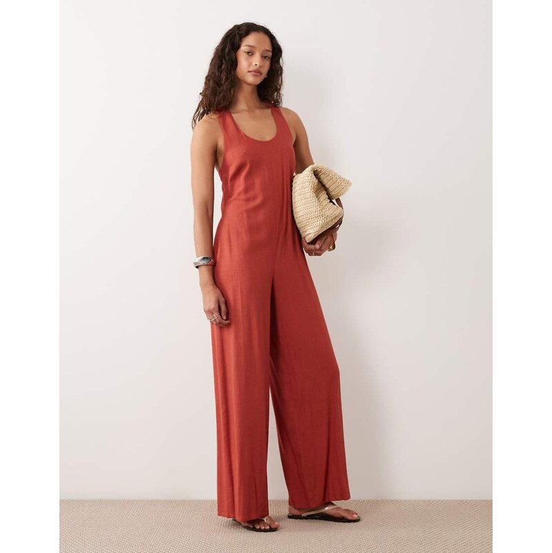 ASOS DESIGN wide leg jumpsuit with twist back in rust-Auburn