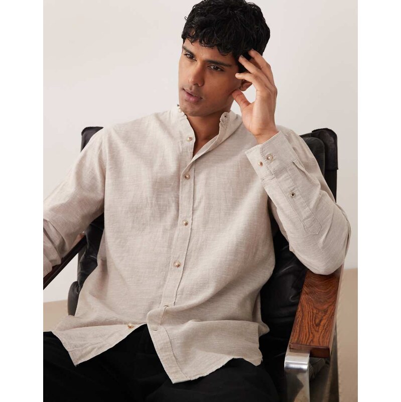 Jack & Jones grandad collar linen blend long sleeve shirt in