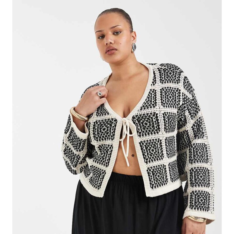 ONLY Curve tie front crochet cardigan in black
