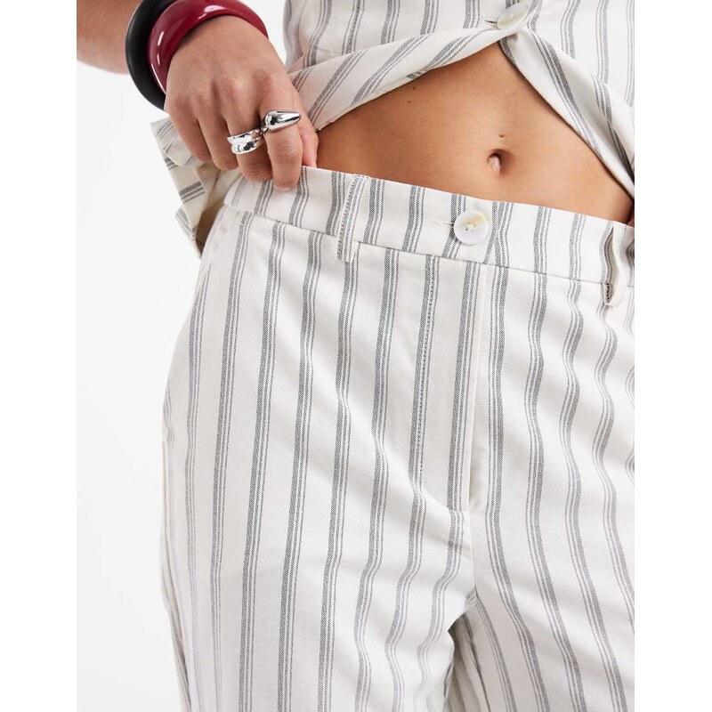Vero Moda high waist tailored straight leg trouser co-ord in cream and blue stripe-White
