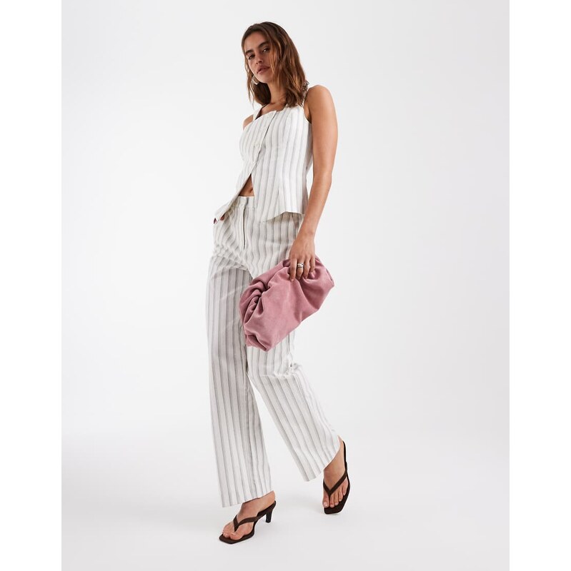 Vero Moda high waist tailored straight leg trouser co-ord in cream and blue stripe-White
