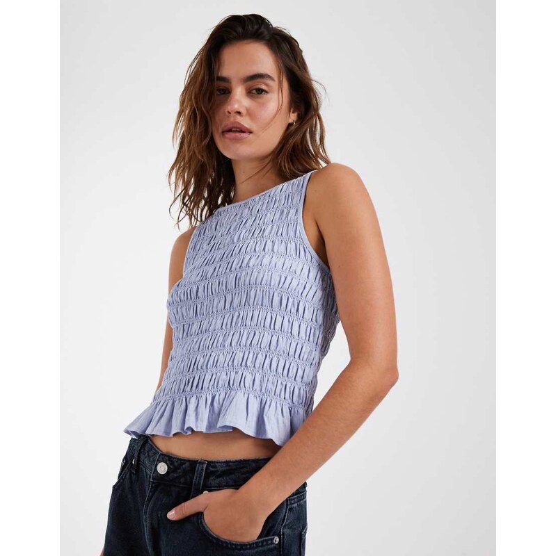 Vero Moda sleeveless shirred top with frill hem in brunnera blue