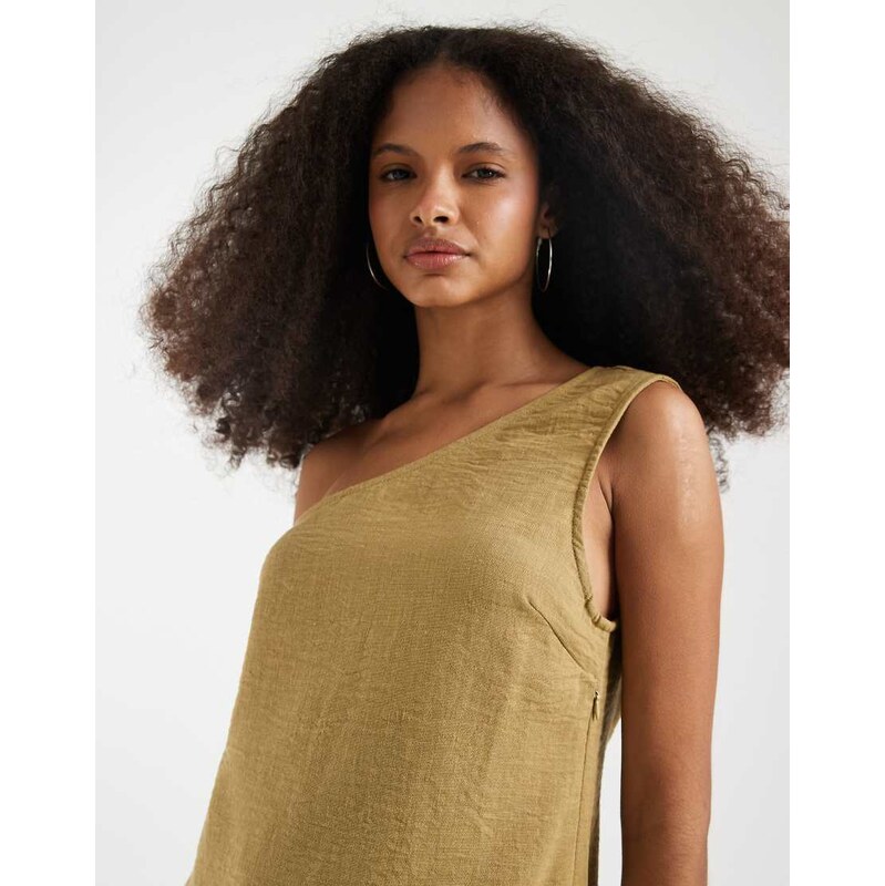 Vero Moda linen look one shoulder mini dress in willow green