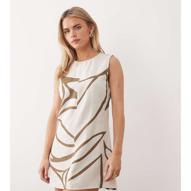 Vila Petite linen touch sleeveless mini dress in brown floral