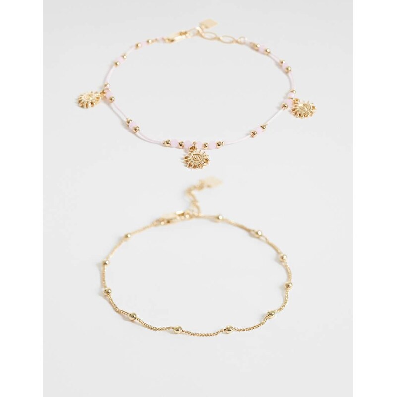 ASOS DESIGN pack of 2 beaded anklets with sun charms in pink and gold 114838145