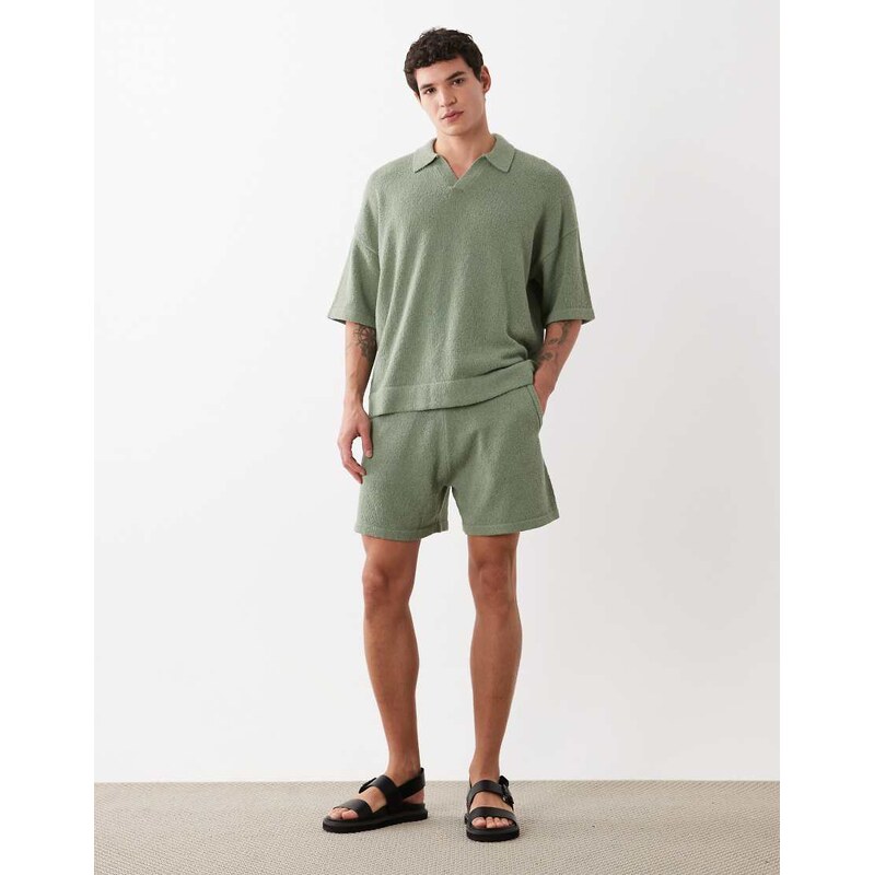 ASOS DESIGN wide co-ord knitted boucle shorts in sage green