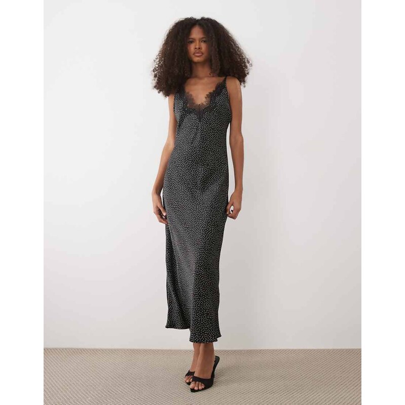 Mango cami midi dress with lace trim in black and white polka dot 114841591