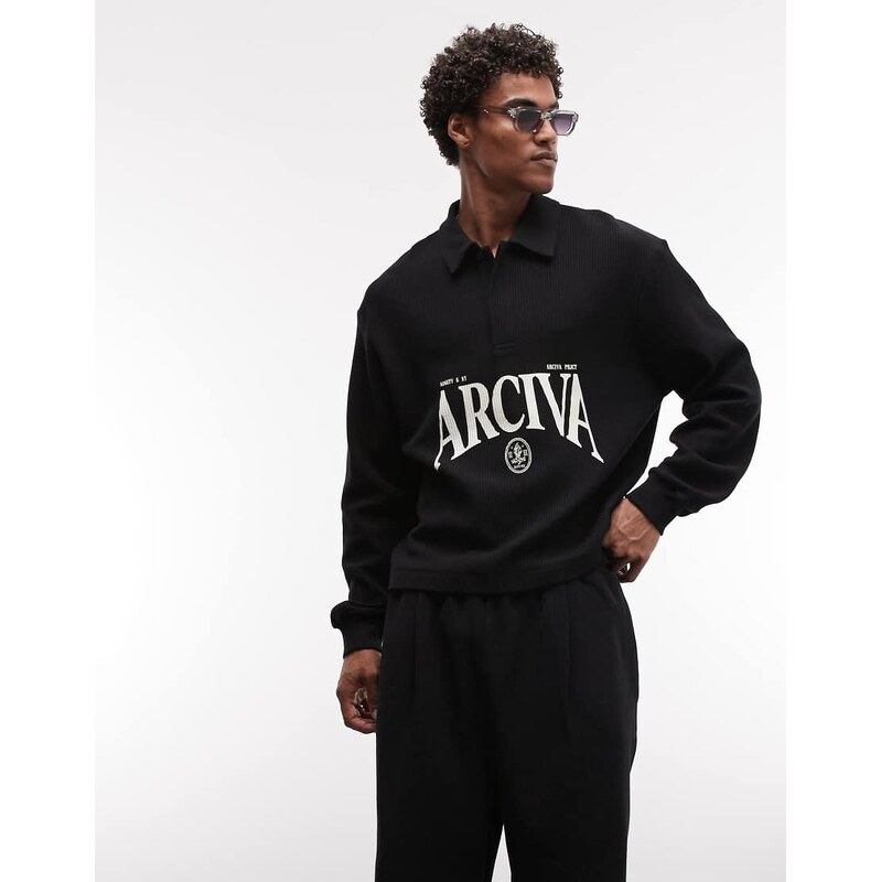 ASOS DESIGN relaxed boxy ottoman textured polo with text graphic