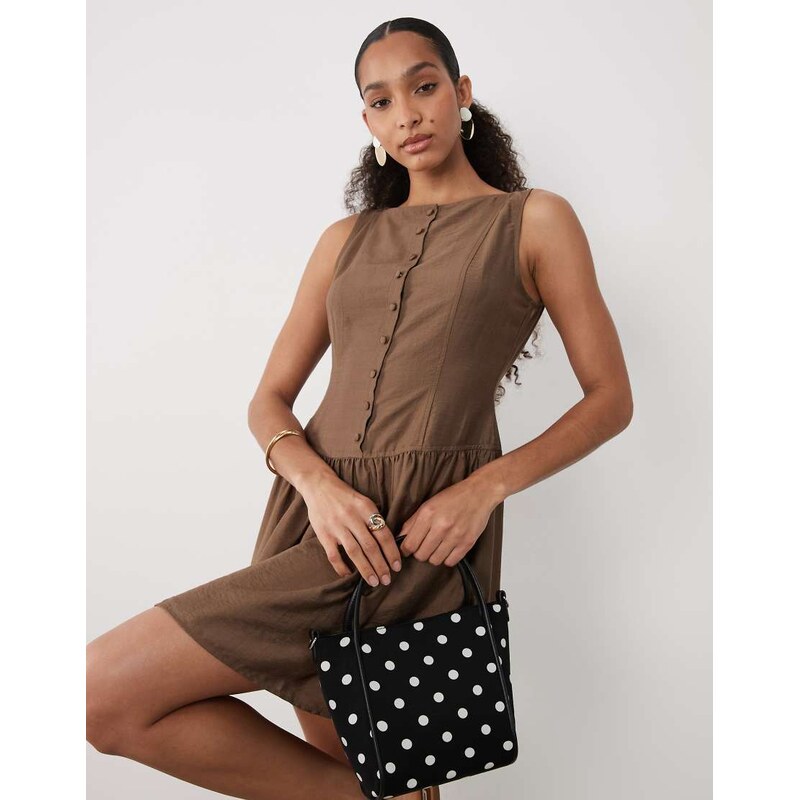 Brave Soul slash neck button down dropped waist mini dress in brown 114969184