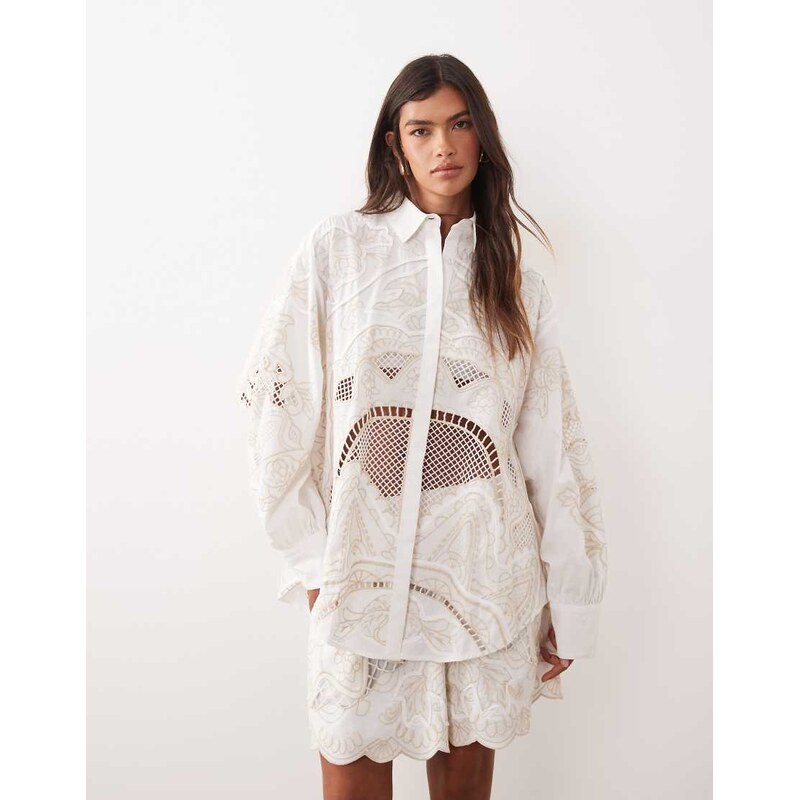 ARRANGE embroidered cutwork oversized shirt co-ord in white 114841224