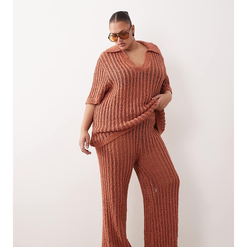 ARRANGE Curve crochet straight leg trousers co ord in terracotta