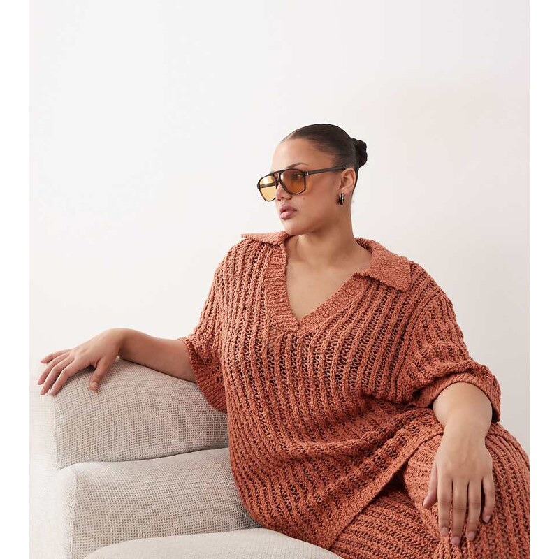ARRANGE Curve crochet collared top co ord in terracotta-Orange 114841225
