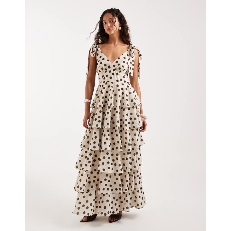 Pretty Lavish tie detail ruffle tiered maxi dress in brown polka dot 115519804