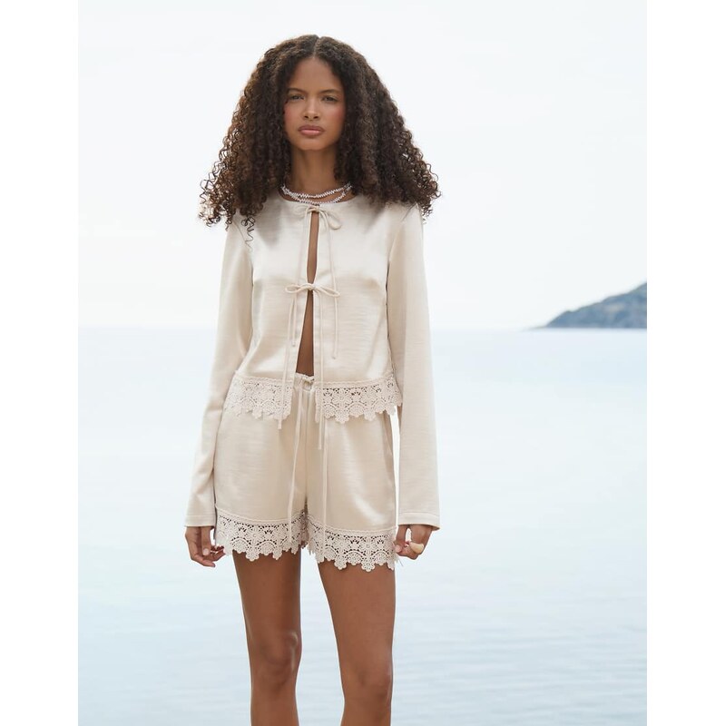 4th & Reckless satin crochet trim beach short co-ord in