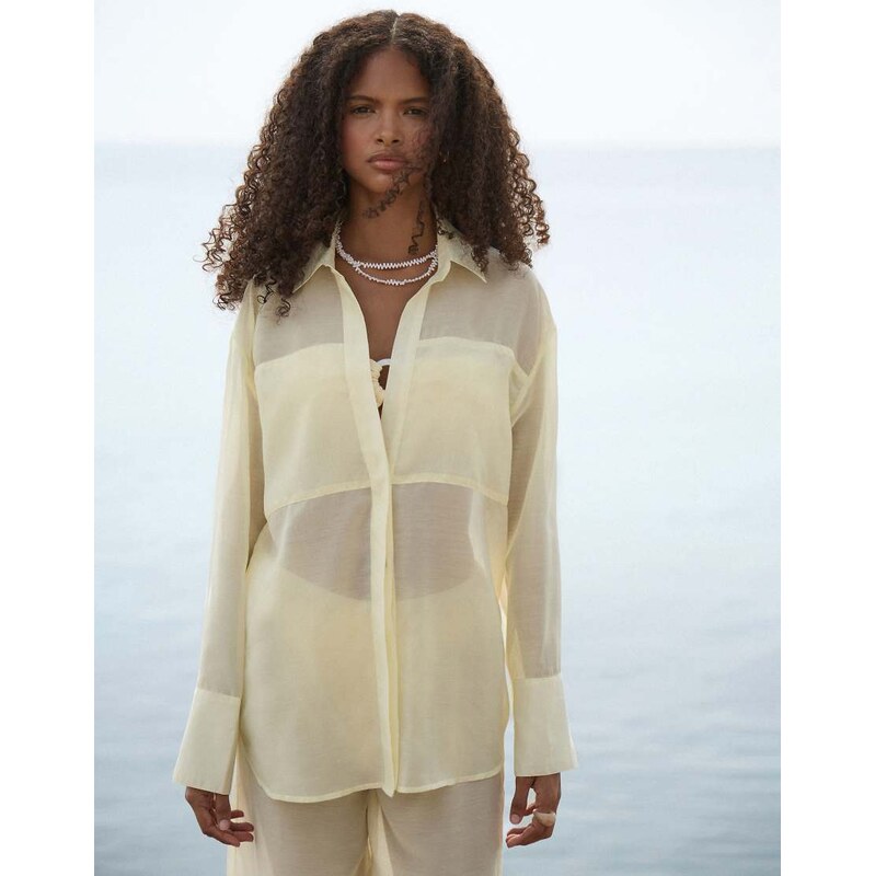 4th & Reckless semi sheer longline beach shirt co-ord in yellow 114849918