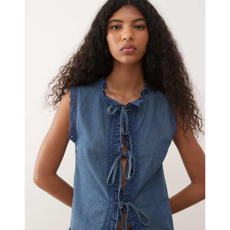 Reclaimed Vintage chambray denim tie front waistcoat with