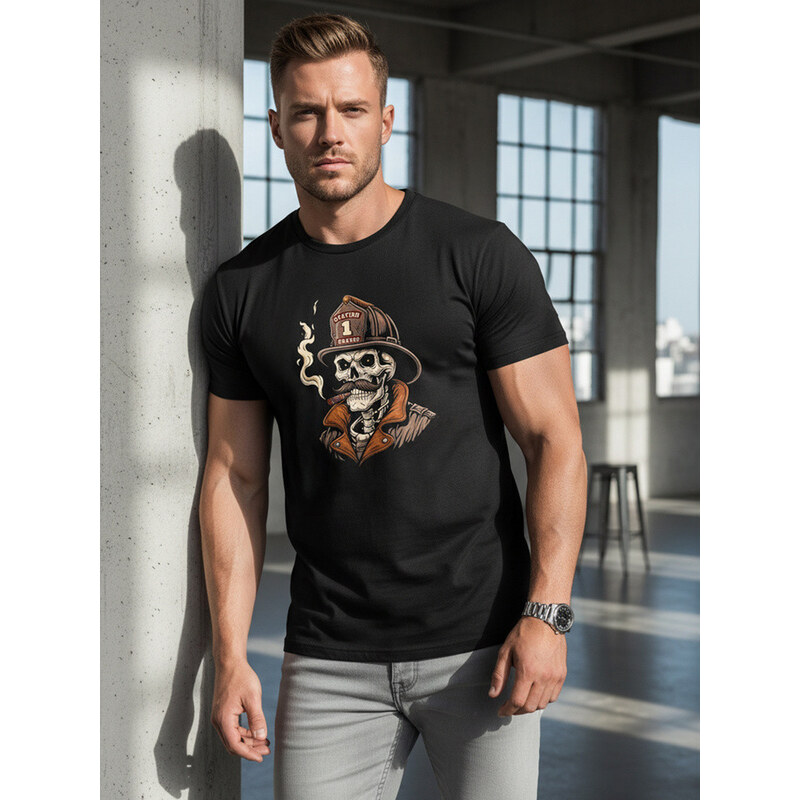 FashionStreet Pánské bavlněné hasičské tričko s potiskem lebky