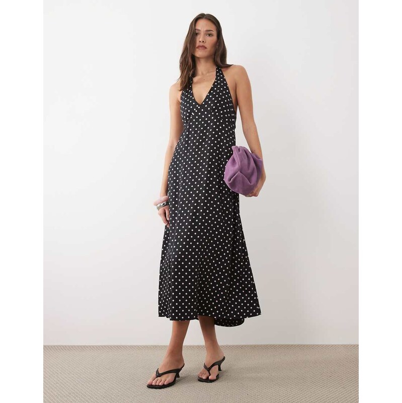 Nobodys Child Lynette halter neck midi dress in black polka dot