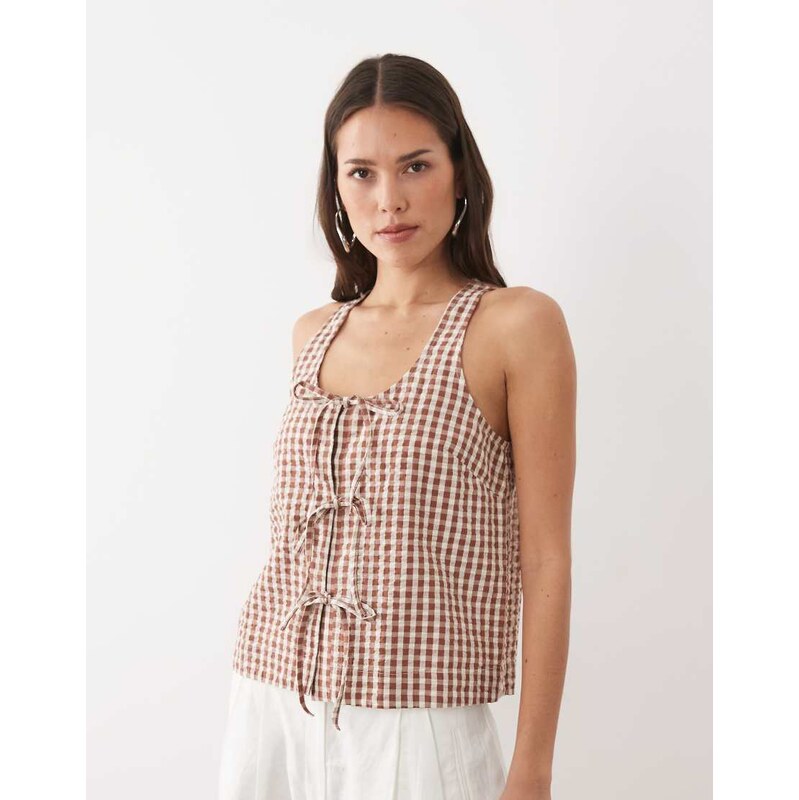 Nobodys Child Thea cotton scoop neck tie front blouse in brown