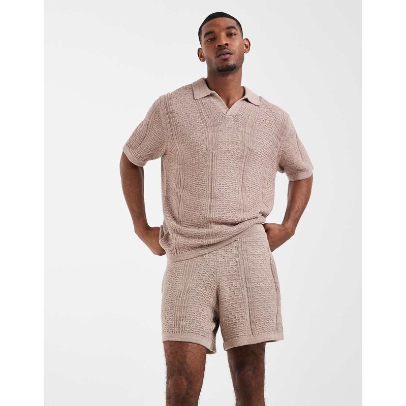 ASOS DESIGN knitted textured co-ord shorts in beige-Neutral